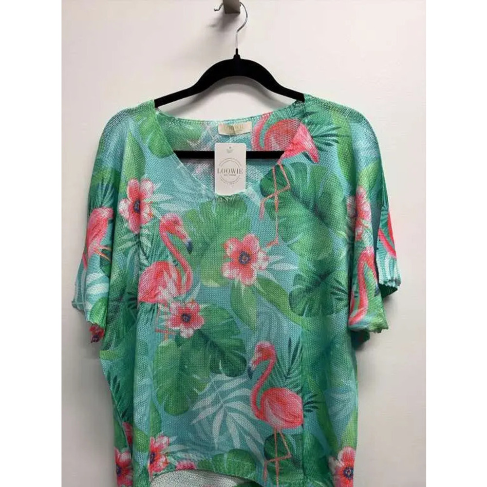 L147 VN SS Loowie Flamingo Tropical Teal V-Neck Knit Printed Sweater One Size